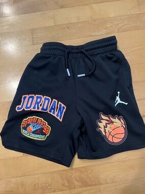 Jordan Black Shorts with Orange & Blue Lettering and Flame Basketball Patch